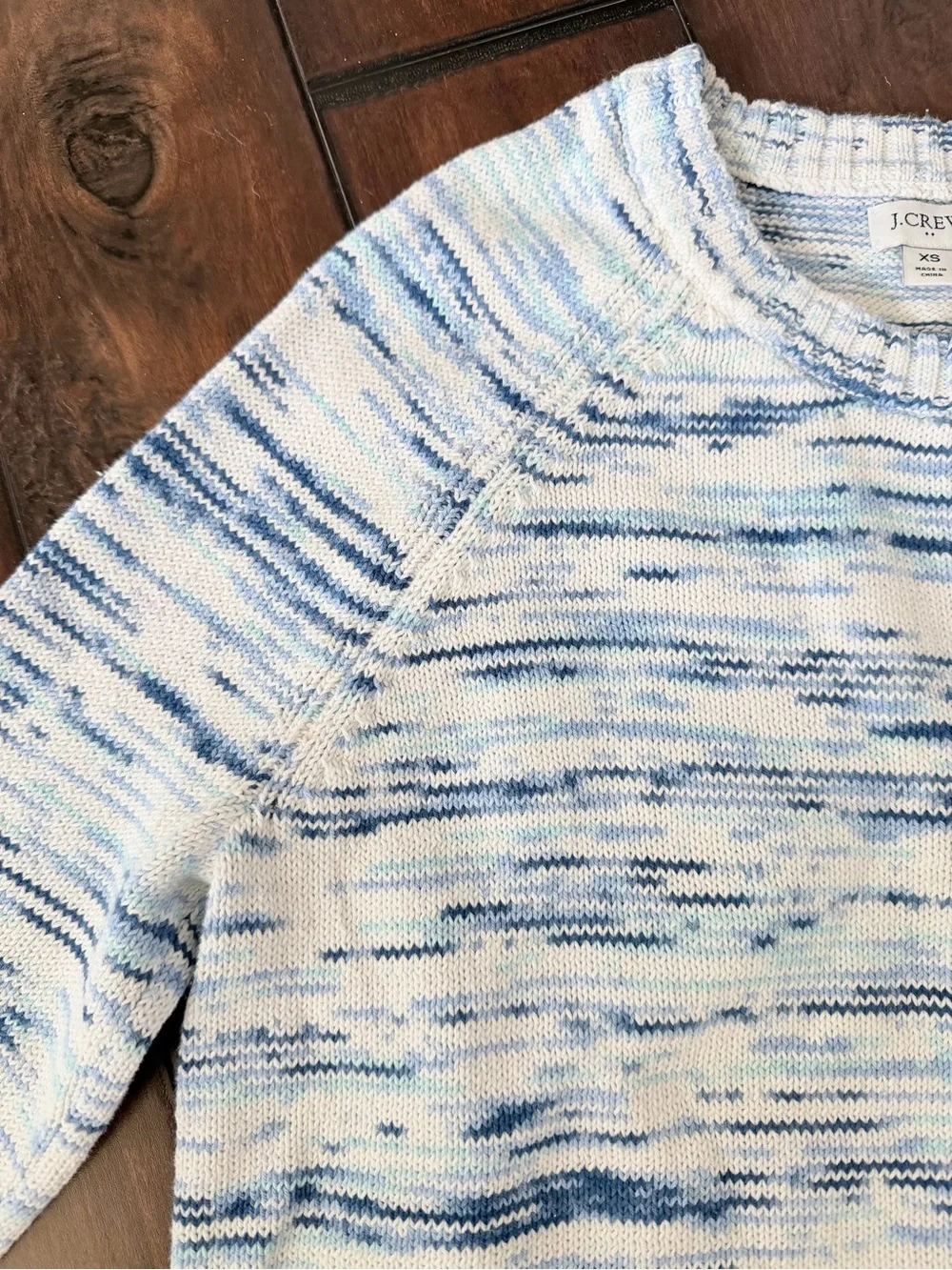 J. Crew Factory White Crewneck Sweater with Blue Space-Dyed Pattern